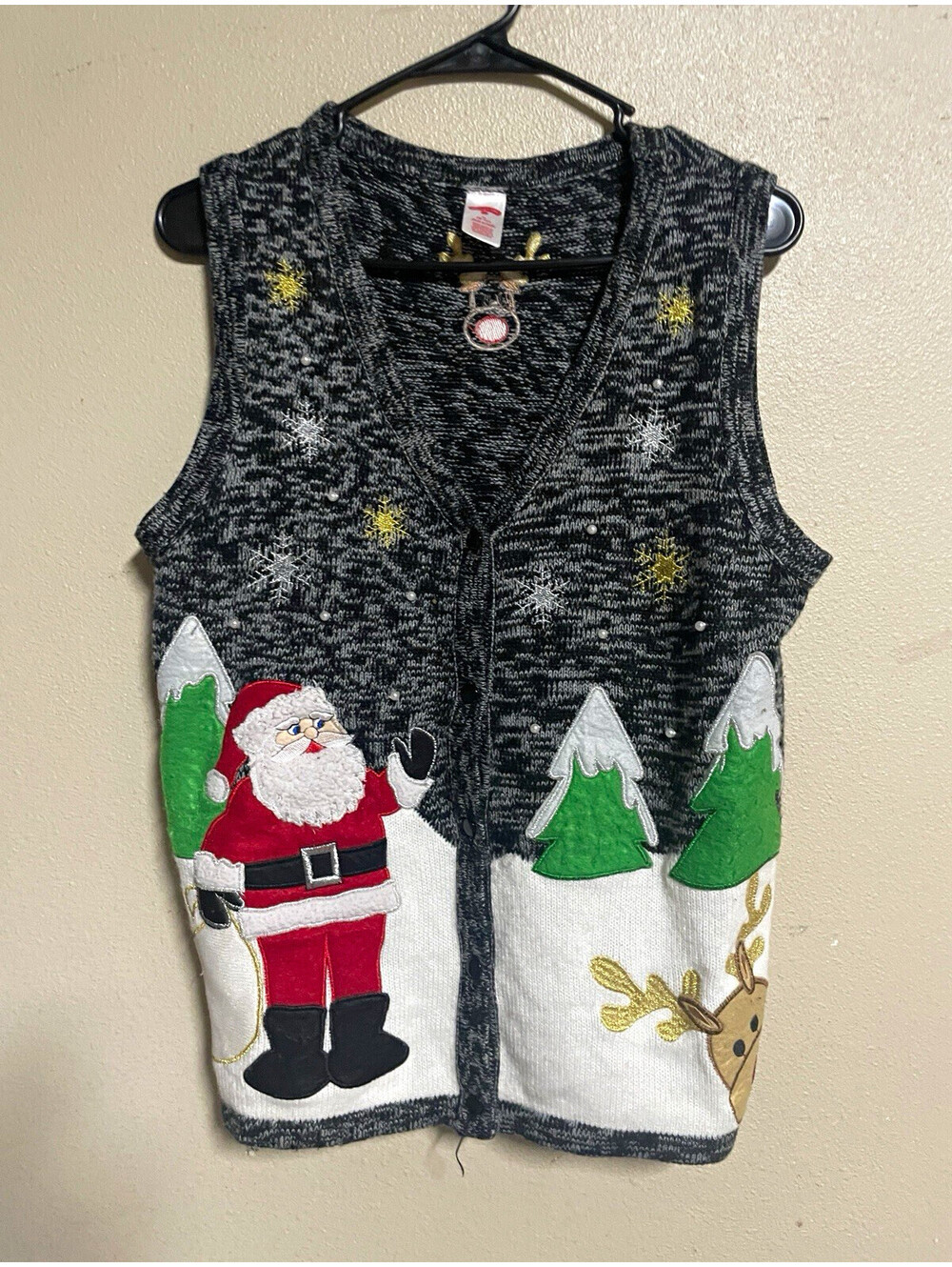 Holiday Time Sweater Vest Women M Santa Reindeer Knit V-Neck Button Lightweight